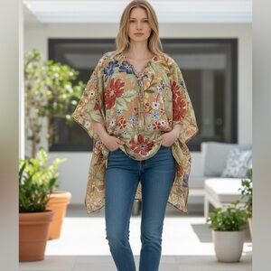 Plus Size Hayden Floral Beige and Red Caftan Tunic